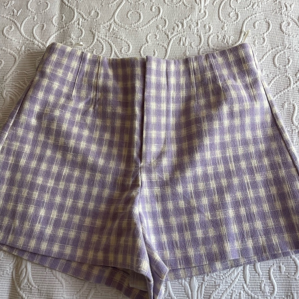 Zara High Waist Plaid Shorts in Lavender and Cream